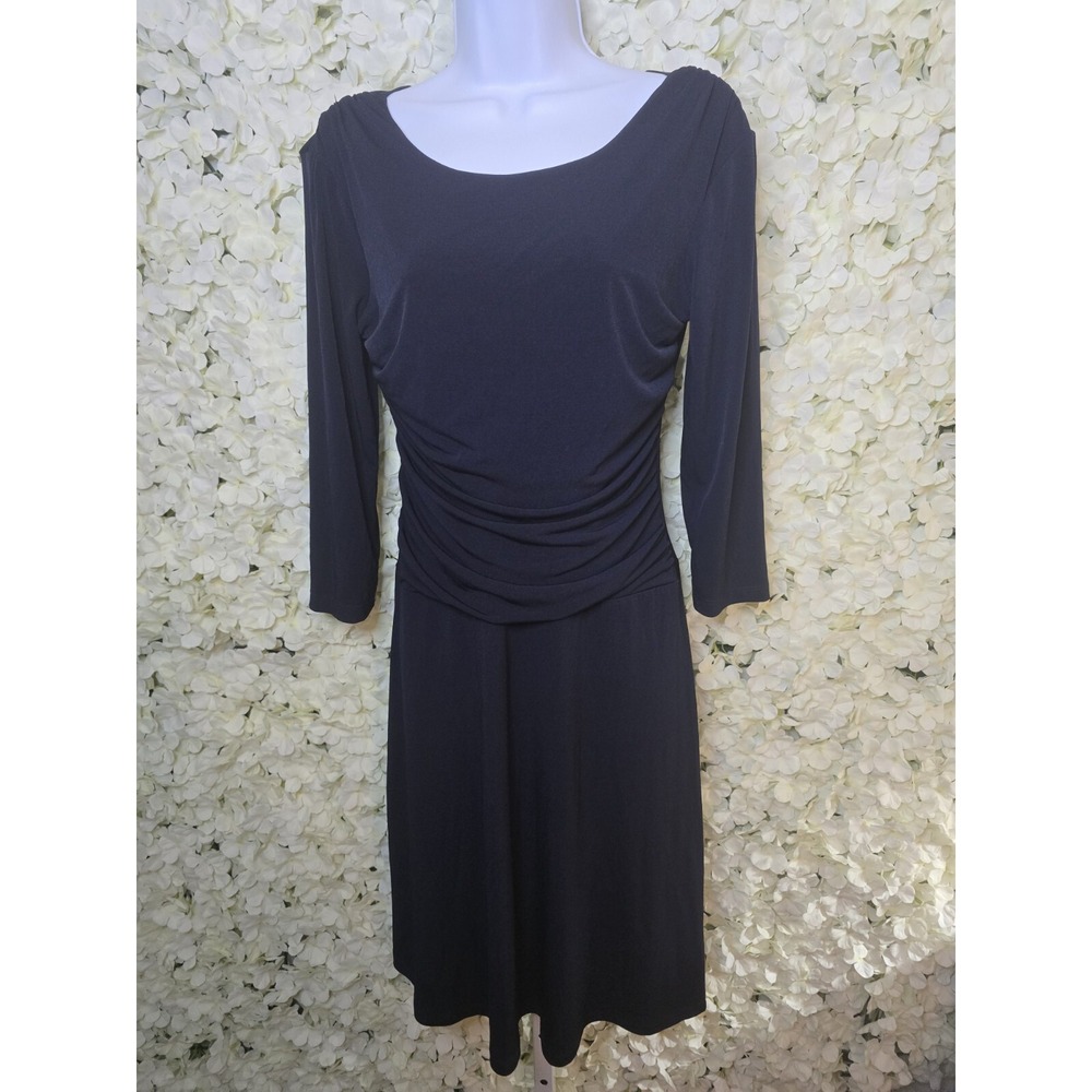 EnFocus Studio Women's Navy Stretch Dress Ruched SZ 8 3/4 Sleeve, Scoop Neck